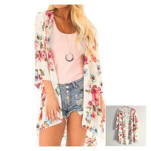 Pink Milly Floral Print Half Sleeve Shawl Chiffon Kimono Beach Cardigan Sz